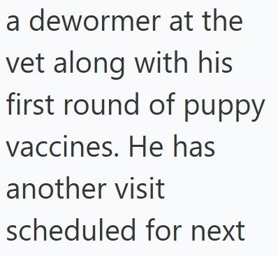a dewormer at the vet along with his first round of puppy vaccines. He has another visit scheduled for next