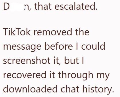 D n, that escalated. Tik Tok removed the message before I could screenshot it, but I recovered it through my downloaded chat history.