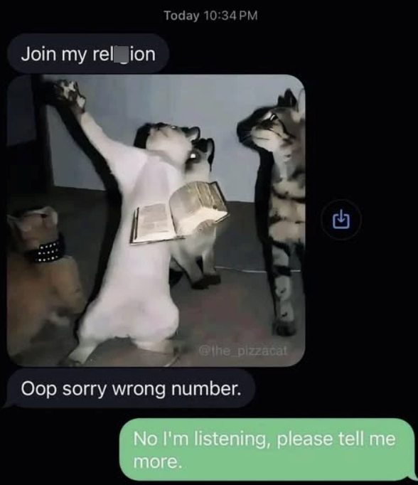 Today 10:34 PM Join my relion 3 @the_pizzacat Oop sorry wrong number. No I'm listening, please tell me more.