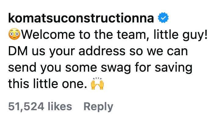 komatsuconstructionna ❤ Welcome to the team, little guy! DM us your address so we can send you some swag for saving this little one. H 51,524 likes Reply