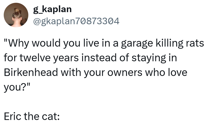 g_kaplan @gkaplan70873304 "Why would you live in a garage killing rats for twelve years instead of staying in Birkenhead with your owners who love you?" Eric the cat: