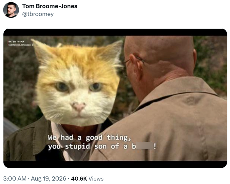 Tom Broome-Jones @tbroomey RATED TV-MA substances, language, go We had a good thing, you stupid son of a b 3:00 AM - Aug 19, 2026 40.6K Views