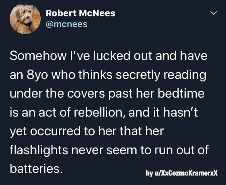 Robert McNees @mcnees Somehow I've lucked out and have an 8yo who thinks secretly reading under the covers past her bedtime is an act of rebellion, and it hasn't yet occurred to her that her flashlights never seem to run out of batteries. by u/XxCozmoKramerxX L