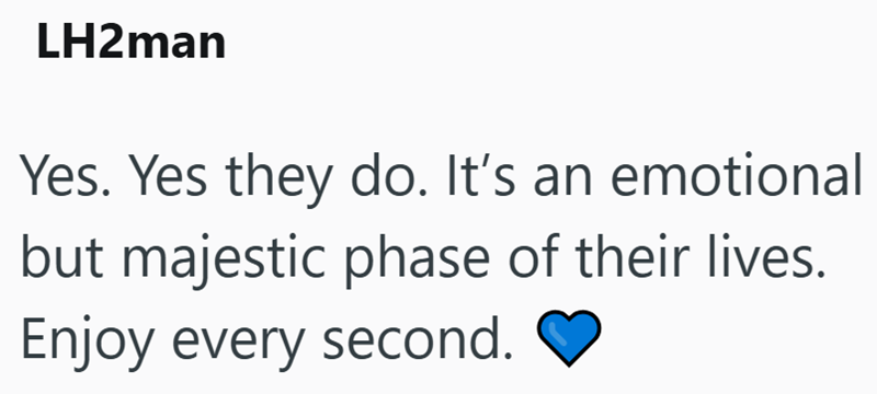 LH2man Yes. Yes they do. It's an emotional but majestic phase of their lives. Enjoy every second.