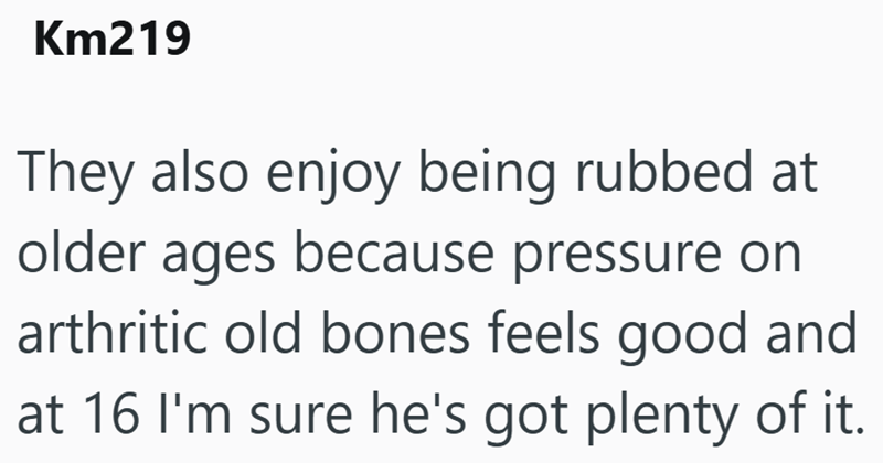 Km219 They also enjoy being rubbed at older ages because pressure on arthritic old bones feels good and at 16 I'm sure he's got plenty of it.
