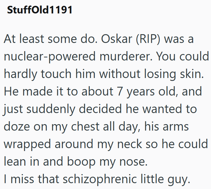 StuffOld1191 At least some do. Oskar (RIP) was a nuclear-powered murderer. You could hardly touch him without losing skin. He made it to about 7 years old, and just suddenly decided he wanted to doze on my chest all day, his arms wrapped around my neck so he could lean in and boop my nose. I miss that schizophrenic little guy.