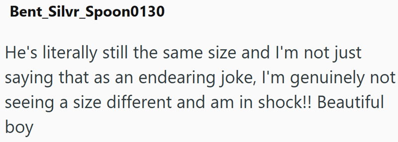 Bent_Silvr_Spoon0130 He's literally still the same size and I'm not just saying that as an endearing joke, I'm genuinely not seeing a size different and am in shock!! Beautiful boy