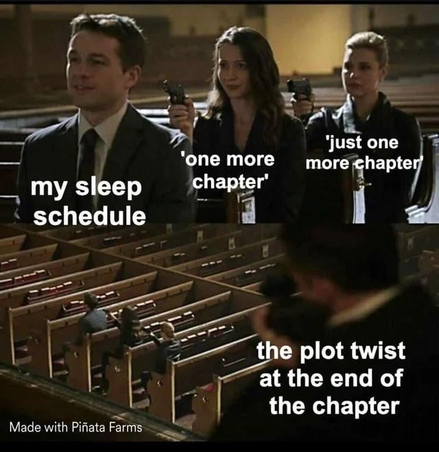 my sleep schedule 'one more chapter' 'just one more chapter Made with Piñata Farms the plot twist at the end of the chapter