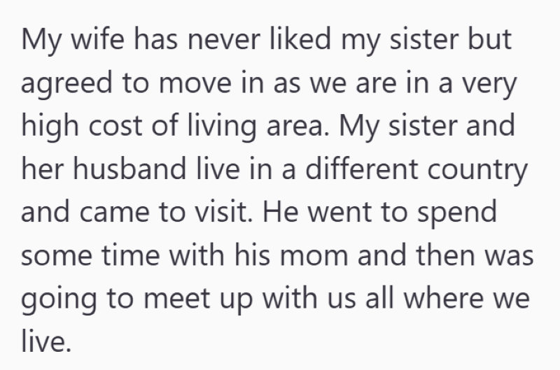My wife has never liked my sister but agreed to move in as we are in a very high cost of living area. My sister and her husband live in a different country and came to visit. He went to spend some time with his mom and then was going to meet up with us all where we live.