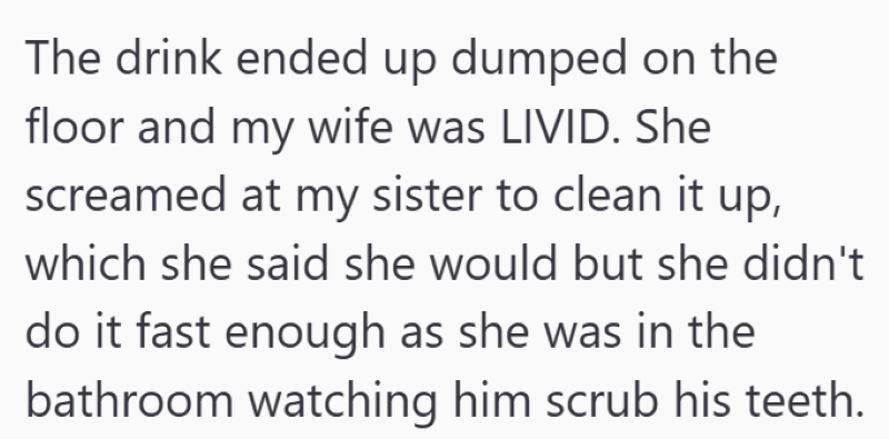 The drink ended up dumped on the floor and my wife was LIVID. She screamed at my sister to clean it up, which she said she would but she didn't do it fast enough as she was in the bathroom watching him scrub his teeth.