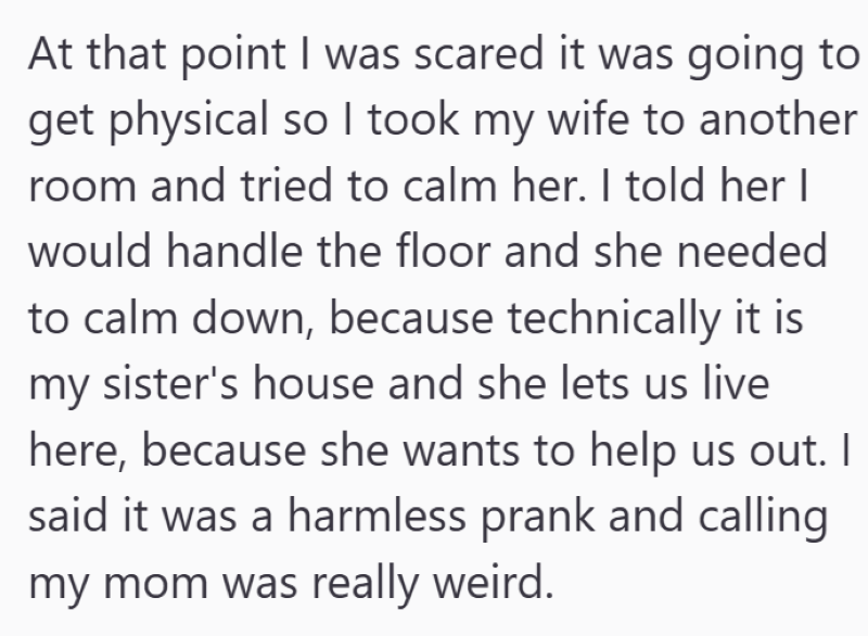 At that point I was scared it was going to get physical so I took my wife to another room and tried to calm her. I told her I would handle the floor and she needed to calm down, because technically it is my sister's house and she lets us live here, because she wants to help us out. I said it was a harmless prank and calling my mom was really weird.