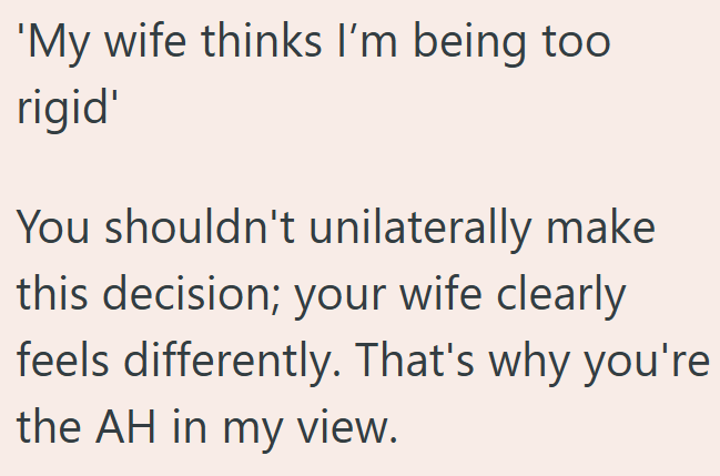 'My wife thinks I'm being too rigid' You shouldn't unilaterally make this decision; your wife clearly feels differently. That's why you're the AH in my view.