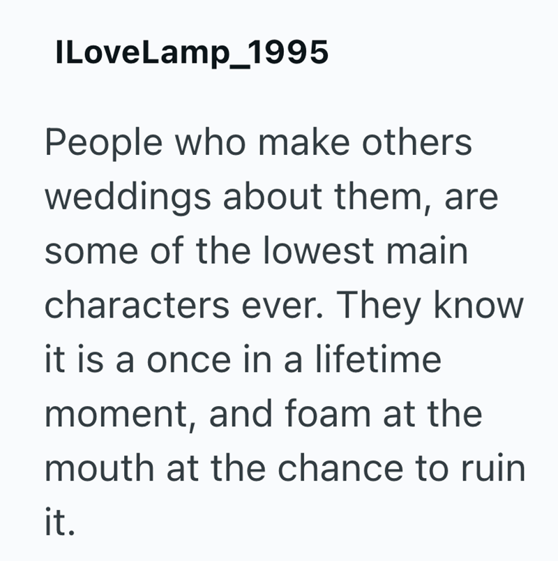 ILoveLamp 1995 People who make others weddings about them, are some of the lowest main characters ever. They know it is a once in a lifetime moment, and foam at the mouth at the chance to ruin it.