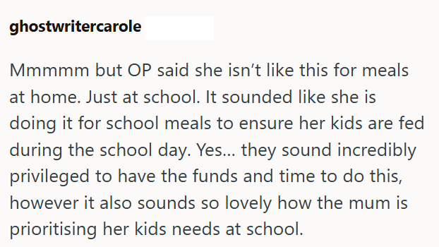 ghostwritercarole Mmmmm but OP said she isn't like this for meals at home. Just at school. It sounded like she is doing it for school meals to ensure her kids are fed during the school day. Yes... they sound incredibly privileged to have the funds and time to do this, however it also sounds so lovely how the mum is prioritising her kids needs at school.