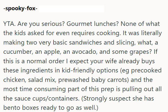 -spooky-fox- YTA. Are you serious? Gourmet lunches? None of what the kids asked for even requires cooking. It was literally making two very basic sandwiches and slicing, what, a cucumber, an apple, an avocado, and some grapes? If this is a normal order I expect your wife already buys these ingredients in kid-friendly options (eg precooked chicken, salad mix, prewashed baby carrots) and the most time consuming part of this prep is pulling out all the sauce cups/containers. (Strongly suspect she h
