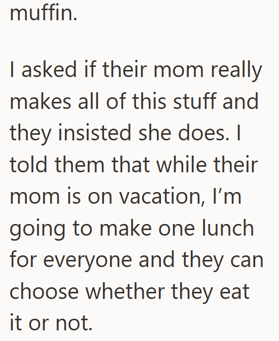 muffin. I asked if their mom really makes all of this stuff and they insisted she does. I told them that while their mom is on vacation, I'm going to make one lunch for everyone and they can choose whether they eat it or not.