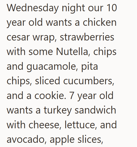 Wednesday night our 10 year old wants a chicken cesar wrap, strawberries with some Nutella, chips and guacamole, pita chips, sliced cucumbers, and a cookie. 7 year old wants a turkey sandwich with cheese, lettuce, and avocado, apple slices,