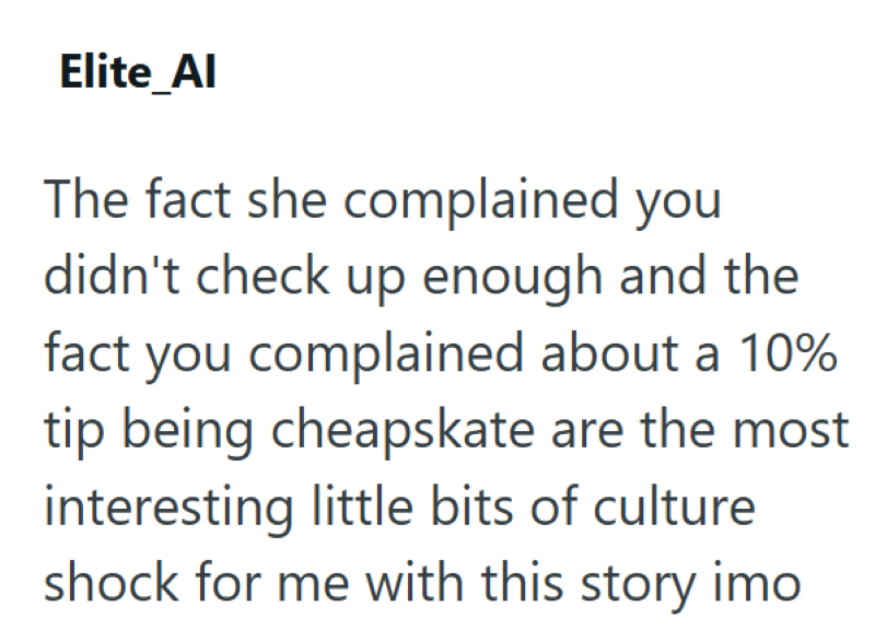 Elite_Al The fact she complained you didn't check up enough and the fact you complained about a 10% tip being cheapskate are the most interesting little bits of culture shock for me with this story imo