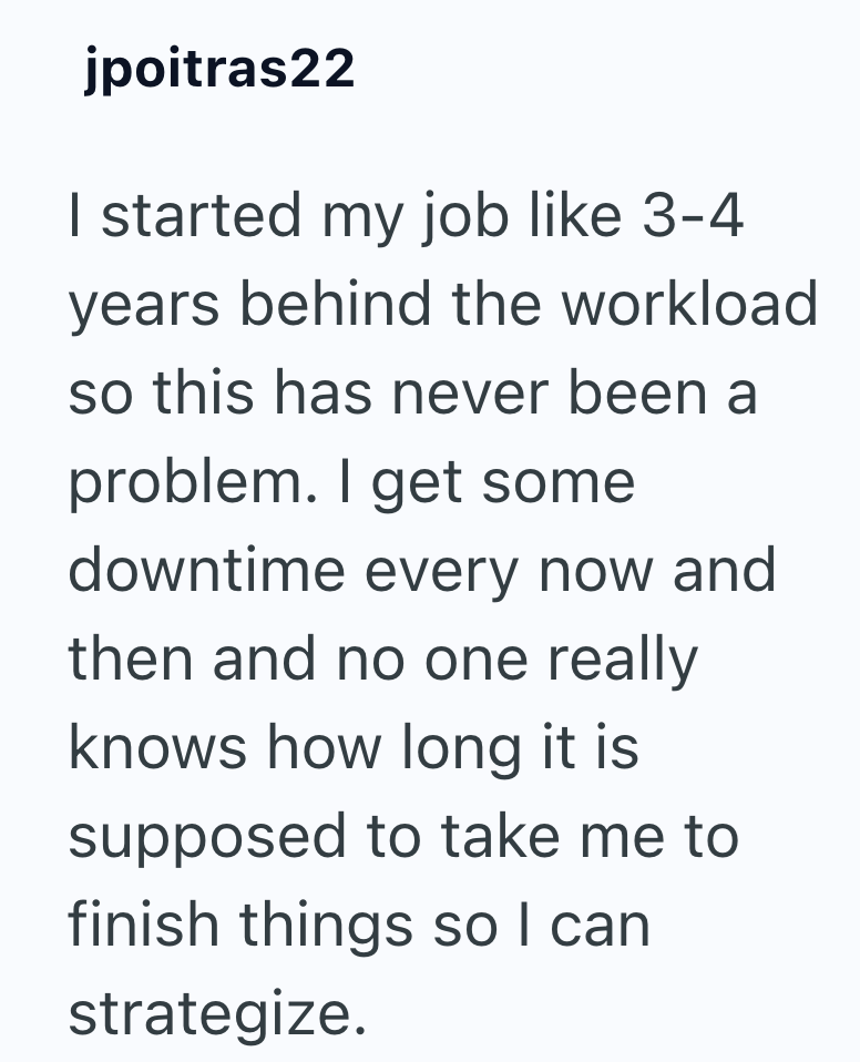jpoitras22 I started my job like 3-4 years behind the workload so this has never been a problem. I get some downtime every now and then and no one really knows how long it is supposed to take me to finish things so I can strategize.