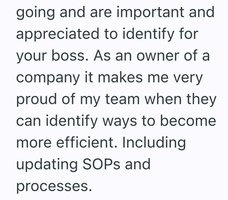 going and are important and appreciated to identify for your boss. As an owner of a company it makes me very proud of my team when they can identify ways to become more efficient. Including updating SOPs and processes.