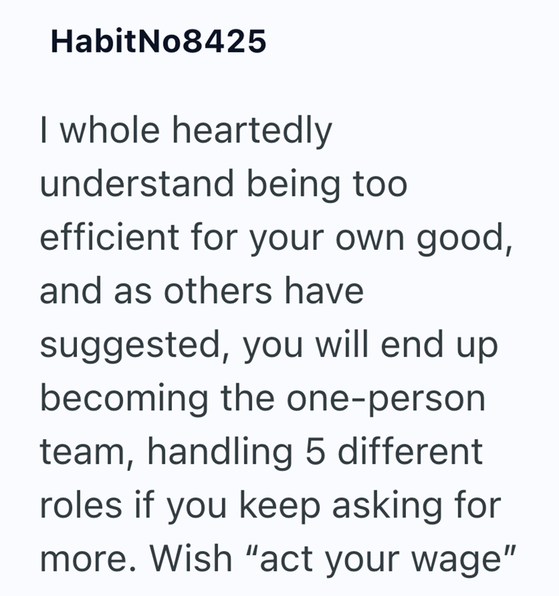 HabitNo8425 whole heartedly understand being too efficient for your own good, and as others have suggested, you will end up becoming the one-person team, handling 5 different roles if you keep asking for more. Wish "act your wage"