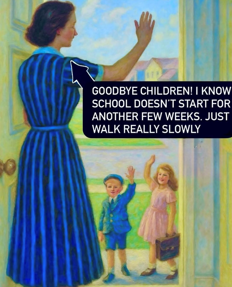 GOODBYE CHILDREN! I KNOW SCHOOL DOESN'T START FOR ANOTHER FEW WEEKS. JUST WALK REALLY SLOWLY