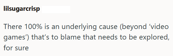 lilsugarcrisp There 100% is an underlying cause (beyond 'video games') that's to blame that needs to be explored, for sure