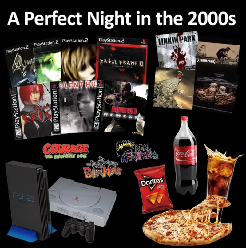 PS2 A Perfect Night in the 2000s PlayStation 2 PlayStation.2 PlayStation.2 PlayStation.2 SILENT HIL FATAL FRAME II LINKIN PARK LINKIN PARK METEORA ep1 PlayStation! PlayStation M PlayStation RESIDENTEVIL'S EM CAPCO COURAGE THE CORPARDLY DOG BIT: MANS AREAL HPASTERS Doritos Coca-Cola