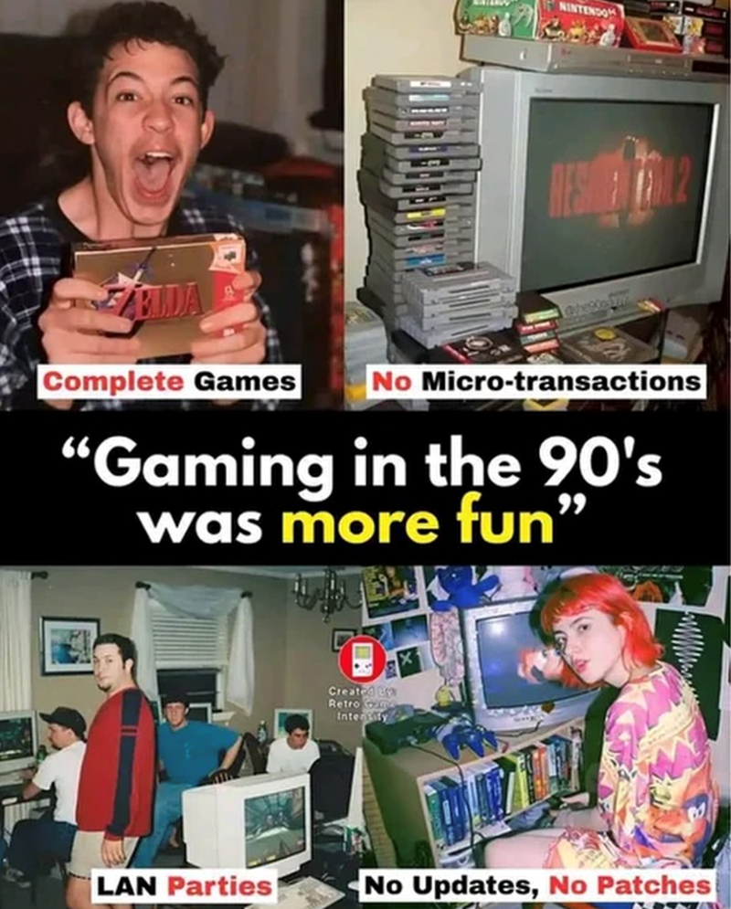 FRIDA NINTENDOM Complete Games No Micro-transactions "Gaming in the 90's was more fun” Created Retro Game Intensity LAN Parties No Updates, No Patches