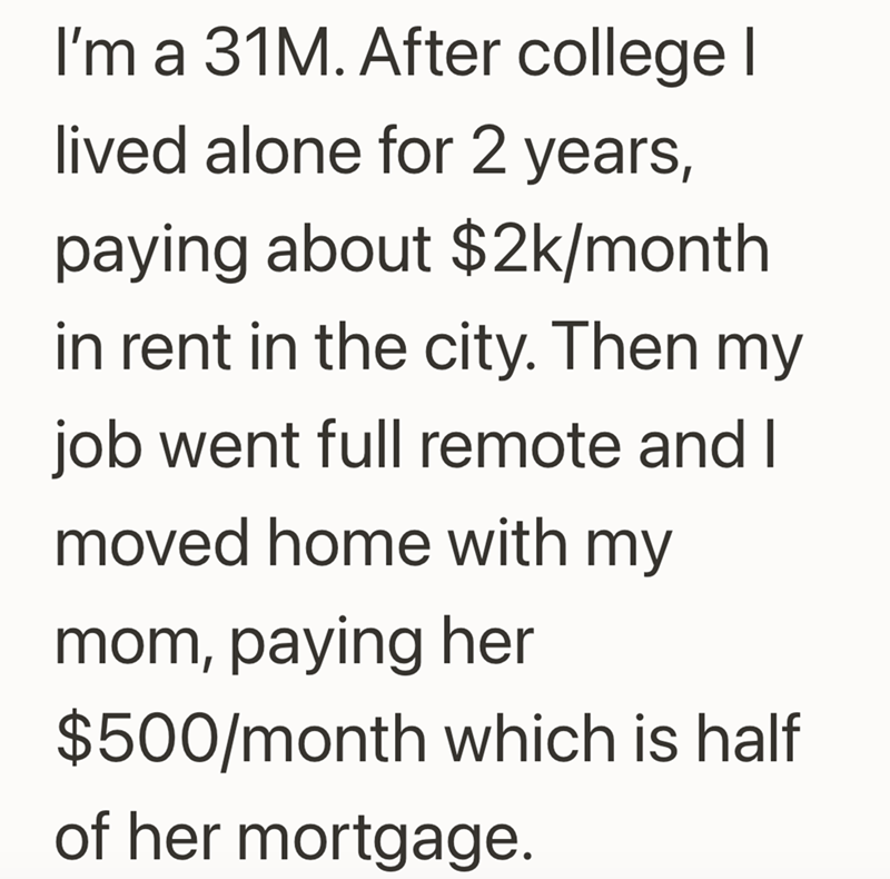 I'm a 31M. After college I lived alone for 2 years, paying about $2k/month in rent in the city. Then my job went full remote and I moved home with my mom, paying her $500/month which is half of her mortgage.