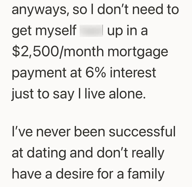 anyways, so I don't need to get myself up in a $2,500/month mortgage payment at 6% interest just to say I live alone. I've never been successful at dating and don't really have a desire for a family