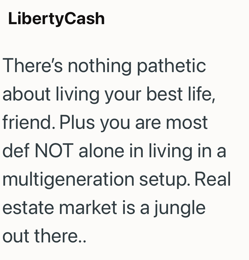LibertyCash There's nothing pathetic about living your best life, friend. Plus you are most def NOT alone in living in a multigeneration setup. Real estate market is a jungle out there..