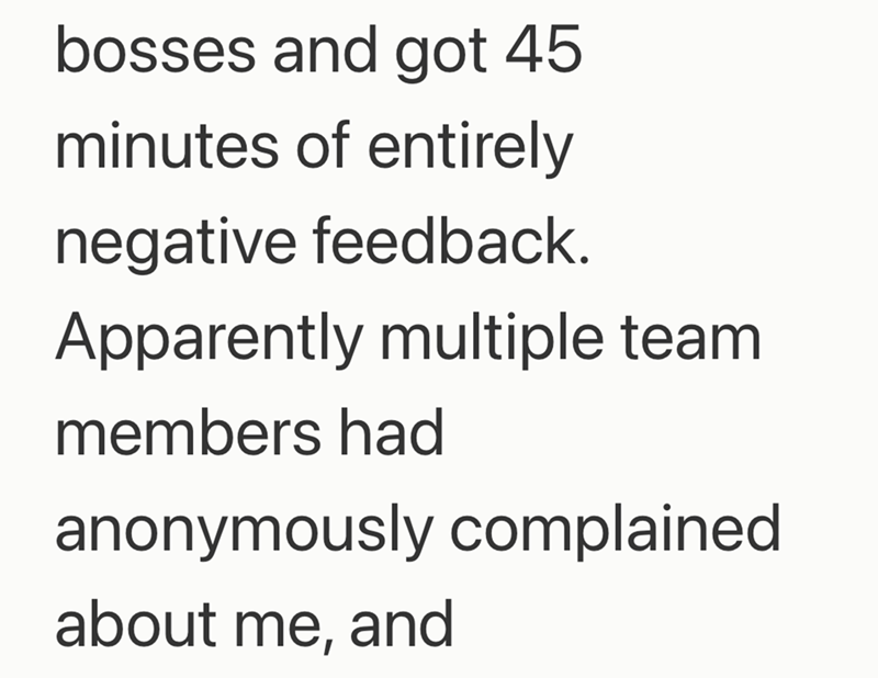 bosses and got 45 minutes of entirely negative feedback. Apparently multiple team members had anonymously complained about me, and