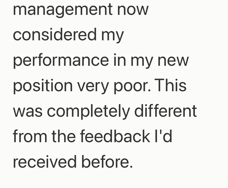 management now considered my performance in my new position very poor. This was completely different from the feedback I'd received before.