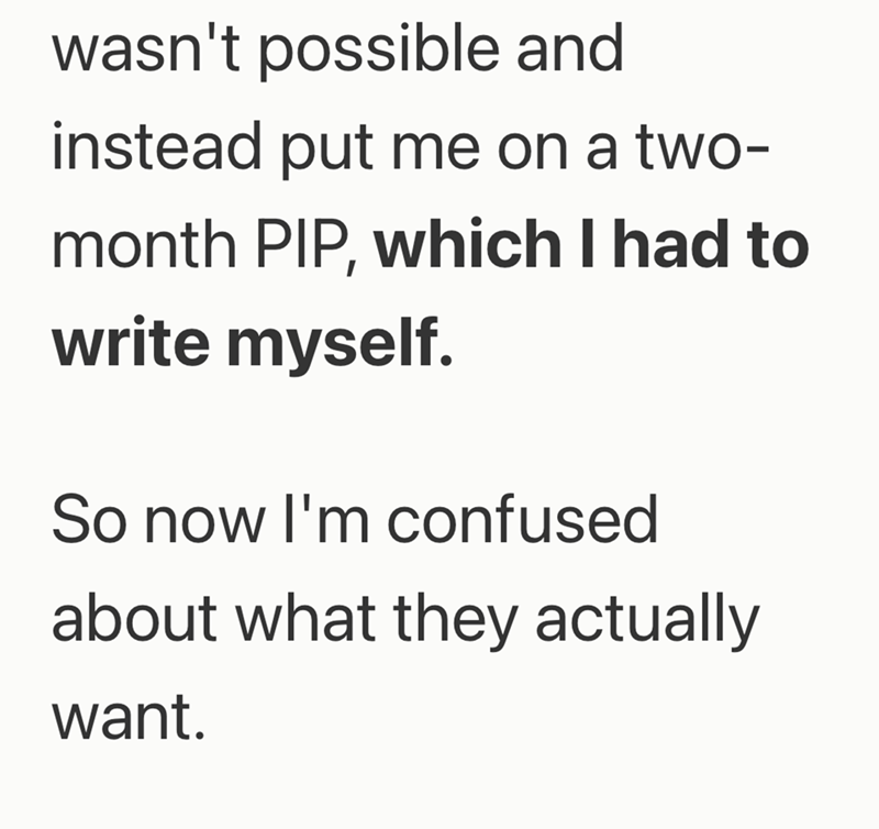 wasn't possible and instead put me on a two- month PIP, which I had to write myself. So now I'm confused about what they actually want.