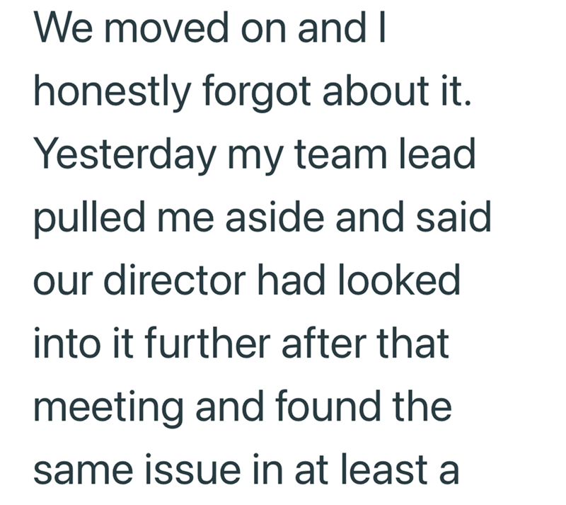 We moved on and I honestly forgot about it. Yesterday my team lead. pulled me aside and said our director had looked. into it further after that meeting and found the same issue in at least a