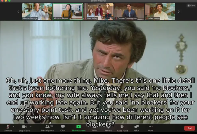 Zoom Webinar Martin George Victoria Reyes Noe Valley Casey Cunningham Mike Nolan View Oh, uh, just one more thing, Mike. There's this one little detail that's been bothering me. Yesterday, you said 'no blockers, and you know, my wife always tells me I say that and then I end up working late again. But you said 'no blockers' for your one story point task, and yet you've been working on it for two weeks now. Isn't it amazing how different people see blockers? + 1M Unmute Stop Video Participants Ch