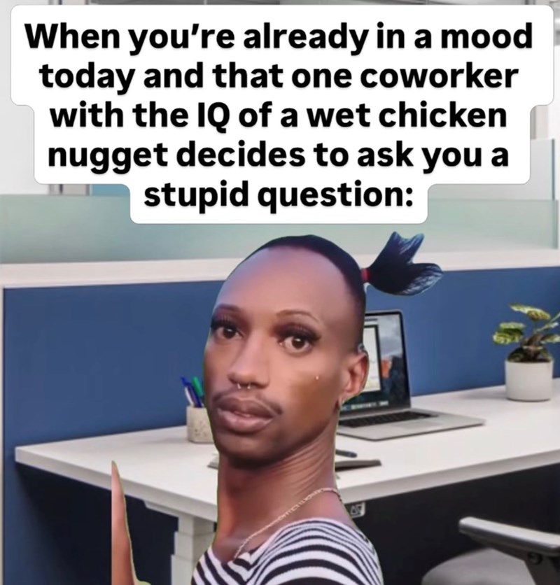 When you're already in a mood today and that one coworker with the IQ of a wet chicken nugget decides to ask you a stupid question: