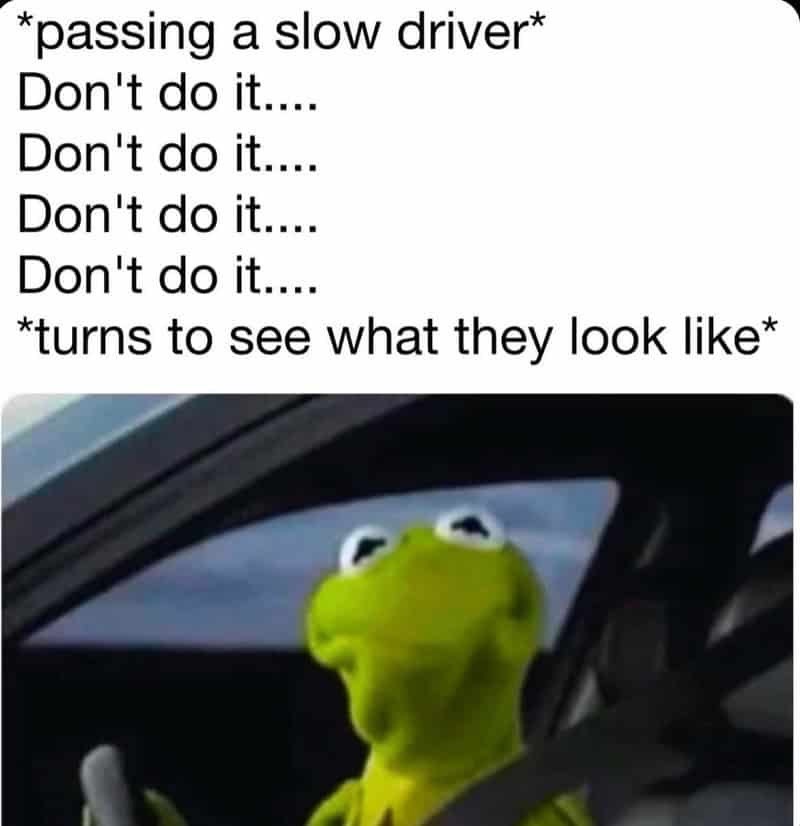 *passing a slow driver* Don't do it.... Don't do it.... Don't do it.... Don't do it.... *turns to see what they look like*