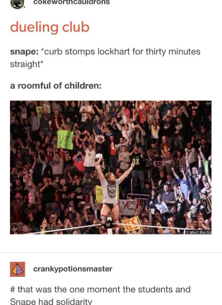 cokeworthcauldrons dueling club snape: *curb stomps lockhart for thirty minutes straight* a roomful of children: JO crankypotionsmaster # that was the one moment the students and Snape had solidarity Matt Martin