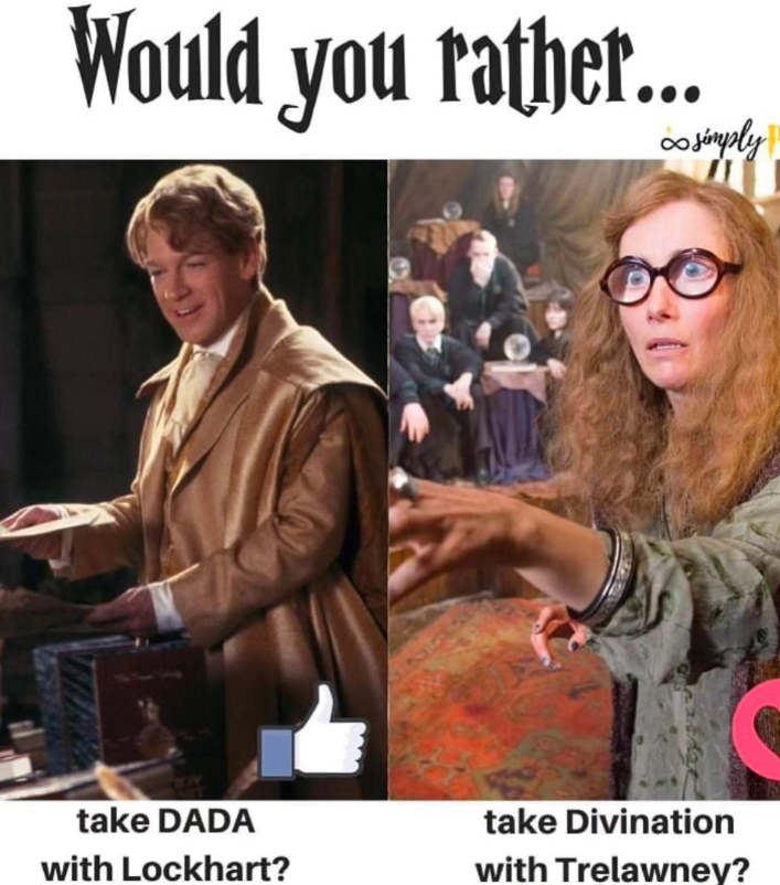 Would you rather... ∞simply take DADA with Lockhart? take Divination with Trelawney?
