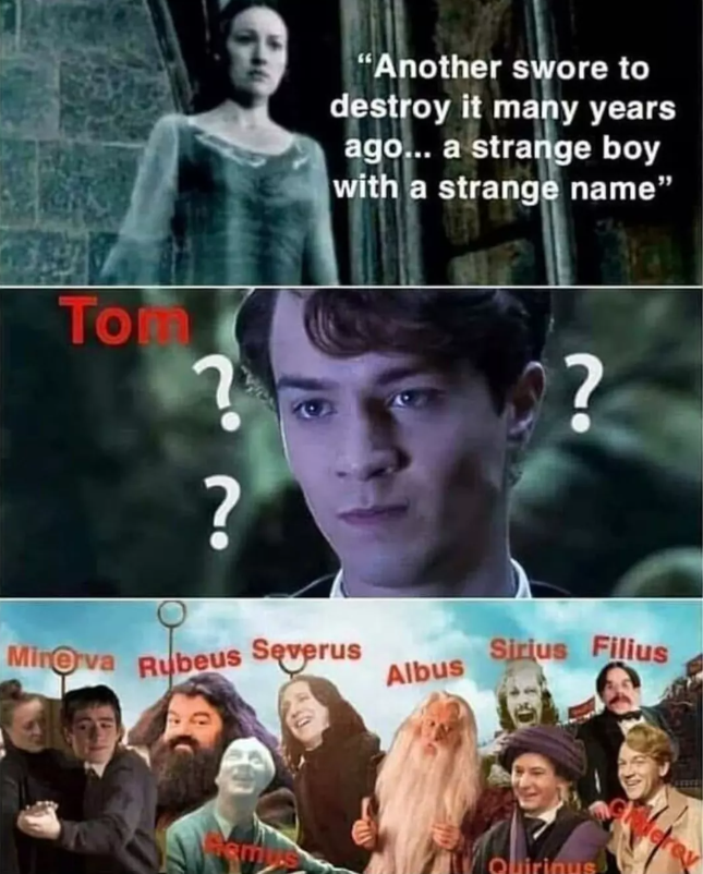 "Another swore to destroy it many years ago... a strange boy with a strange name" Tom ? ? Minerva Rubeus Severus Albus ? Sirius Filius m Quirinus Merey