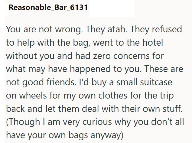 Reasonable_Bar_6131 You are not wrong. They atah. They refused to help with the bag, went to the hotel without you and had zero concerns for what may have happened to you. These are not good friends. I'd buy a small suitcase on wheels for my own clothes for the trip back and let them deal with their own stuff. (Though I am very curious why you don't all have your own bags anyway)