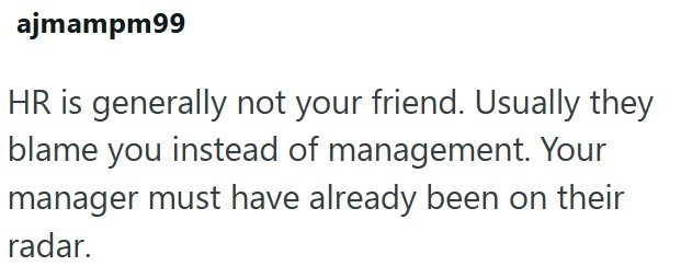 ajmampm99 HR is generally not your friend. Usually they blame you instead of management. Your manager must have already been on their radar.