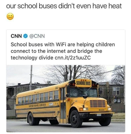 our school buses didn't even have heat CNN @CNN School buses with WiFi are helping children connect to the internet and bridge the technology divide cnn.it/2z1uuZC DURHAM SCHOOL SERVICES SCHOOL BUS