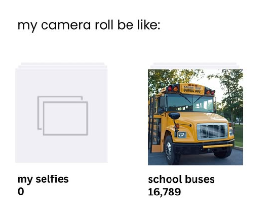 my camera roll be like: my selfies 0 school buses 16,789