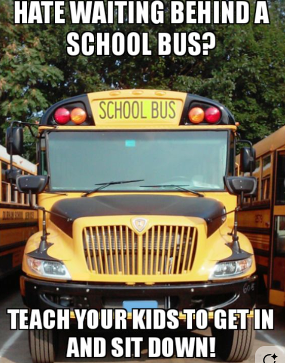HATE WAITING BEHIND A SCHOOL BUS? SCHOOL BUS TEACH YOUR KIDS TO GET IN AND SIT DOWN!