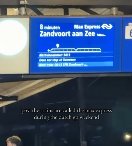 8 minuten Max Express Zandvoort aan Zee Rit/Treinnummer: 5411 Does not stop at Overveen Next train: 06:15 SPR Zandvoort pov: the trains are called the max express during the dutch gp weekend