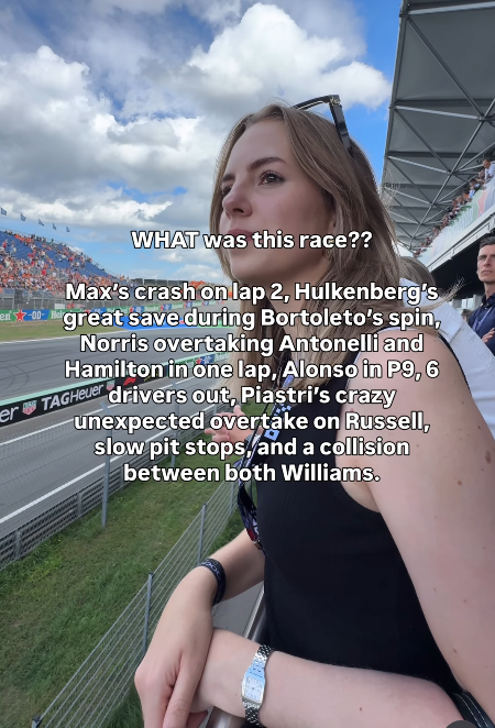 en WHAT was this race?? Max's crash on lap 2, Hulkenberg's 00- great save during Bortoleto's spin, Norris overtaking Antonelli and Hamilton in one lap, Alonso in P9, 6 er TAGHeuer drivers out, Piastri's crazy unexpected overtake on Russell, slow pit stops, and a collision between both Williams.