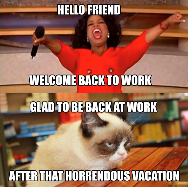 HELLO FRIEND WELCOME BACK TO WORK GLAD TO BE BACK AT WORK AFTER THAT HORRENDOUS VACATION